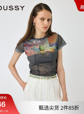 moussy 2024夏季新品薄纱透视撞边印花鱼骨短袖T恤010HAL90-0131