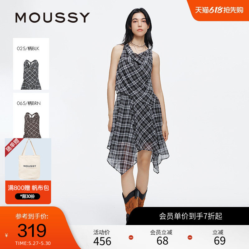 moussy 2025夏季新品格纹荡领露背不规则无袖连衣裙028