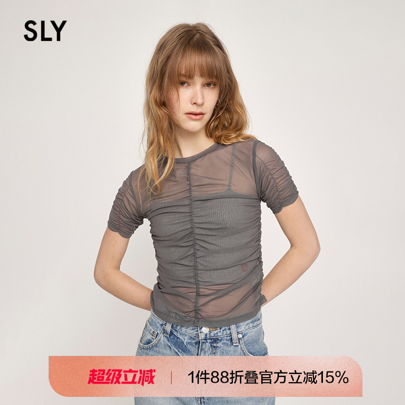 SLY设计感透视褶皱修身针织T恤