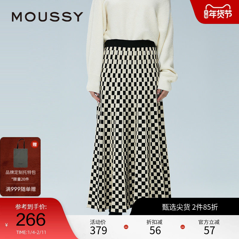 moussy 冬季复古港风提花格纹针织裙半身裙028HAA70-