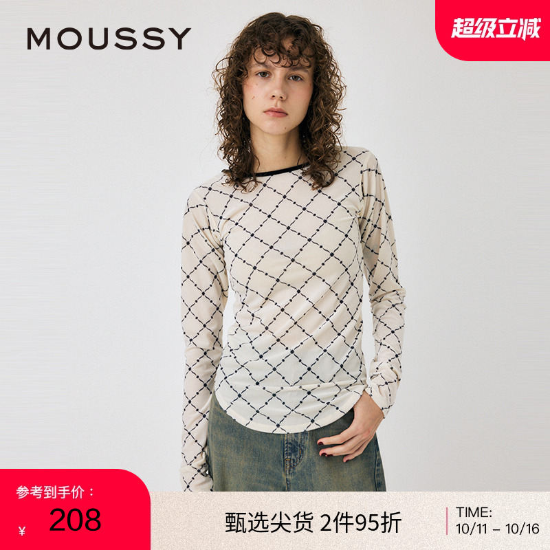 moussy 2024秋季新品复古港风设计感菱格纹内搭上衣010HAA80-8561