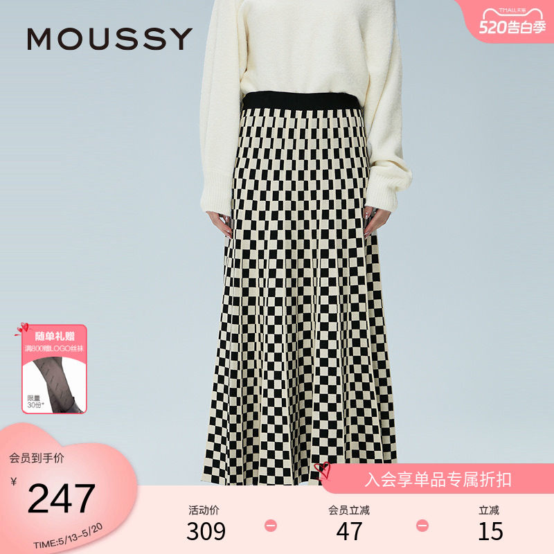 moussy 春季复古港风提花格纹针织裙半身裙028HAA70-