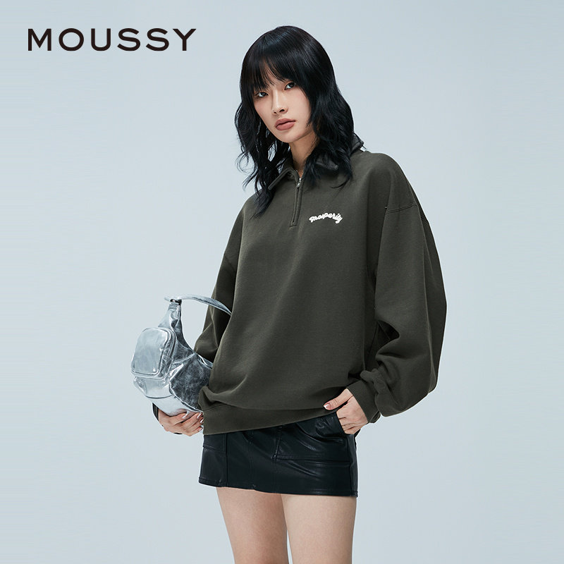 moussy 冬季新品半拉链胸口复古刺绣POLO卫衣女028HAA90-2831