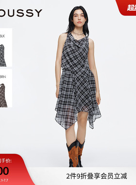 moussy 2025夏季新品格纹荡领露背不规则无袖连衣裙028ISA33-3521