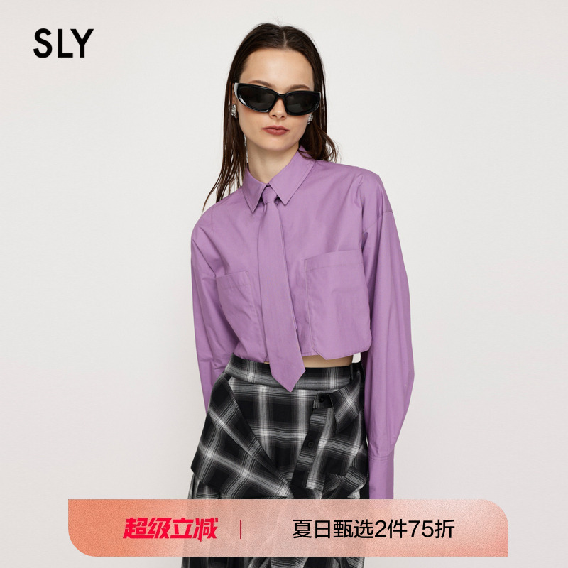 SLY 2023春夏新品美式俏皮学院风戴领带短款衬衫女030GA