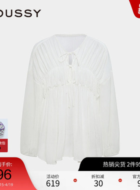 moussy 夏季甜美风抽褶皱系带宽松长袖衬衫028ISA30-1003