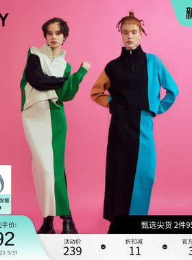 SLY 早春复古通勤风拉链半高领拼色针织衫030FAZ70-5430