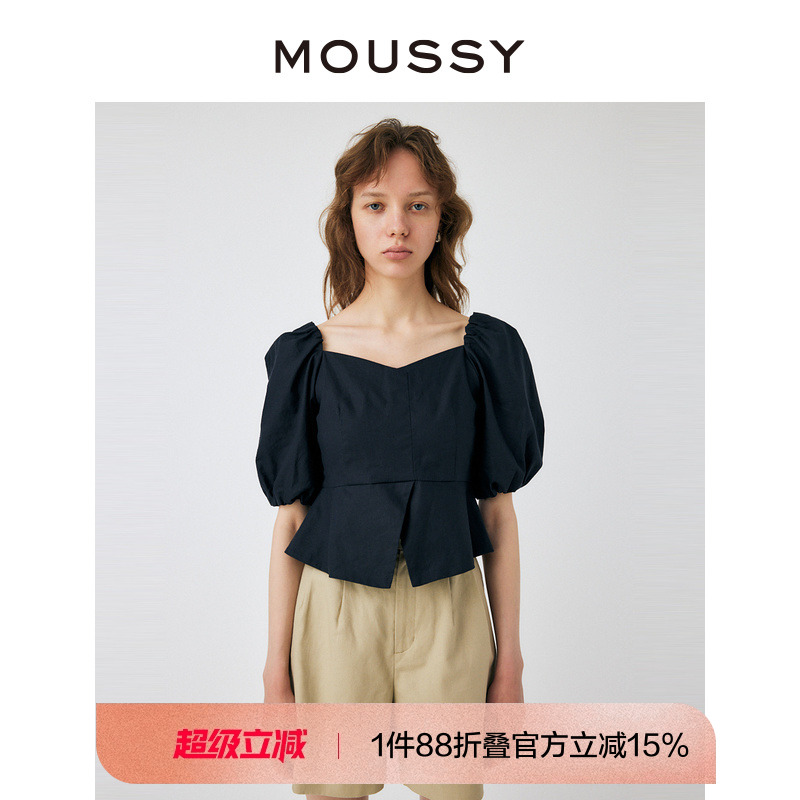 MOUSSY 2023夏季日系甜美风泡泡袖收腰短袖衬衫010GS