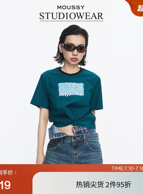moussy x STUDIOWEAR 夏季褶皱条纹短袖T恤028HS490-1211