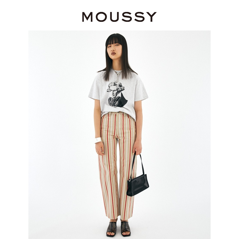 高腰，整齐条纹设计，直筒休闲版型