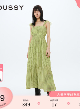 MOUSSY 春季海边度假风方领格纹木耳吊带连衣裙女028HSS30-2011