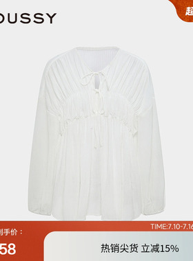 moussy 夏季甜美风抽褶皱系带宽松长袖衬衫028ISA30-1003