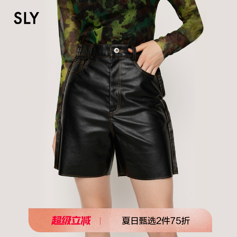 sly甜酷风宽松直筒皮革休闲短裤