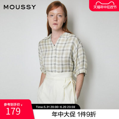 moussy奥莱 夏季简约休闲五分袖翻领V领短袖衬衫女010FSW30-2280