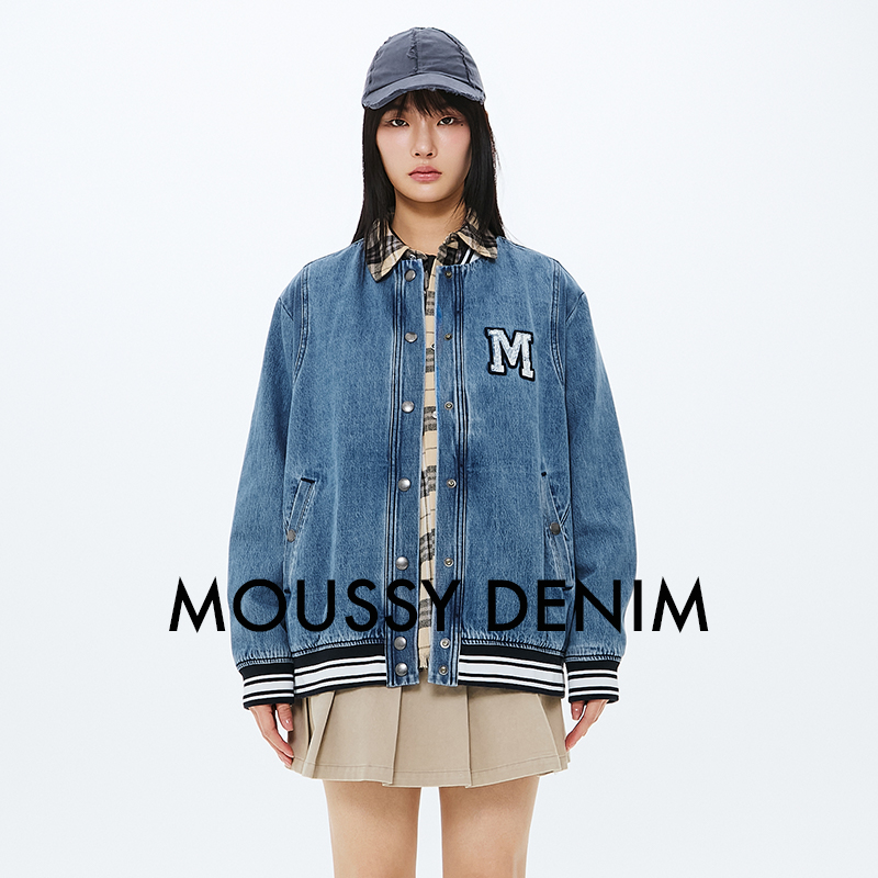 MOUSSY 2025春季新品经典MA-1廓形棒球服牛仔外套女028ISA10-1191