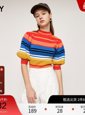 SLY 夏季撞色条纹五分泡泡袖复古针织衫T恤030GSY70-2110
