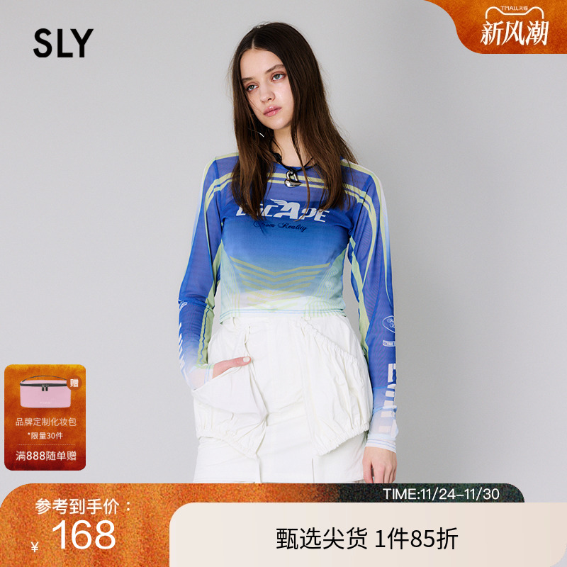SLY渐变色图案Y2K玫瑰薄纱T恤