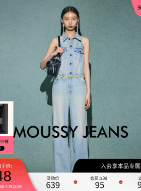 moussy 春季复古港风做旧无袖连体裤牛仔裤010HA711-1681