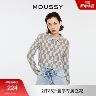 0000 028HS970 MOUSSY 复古日系棋盘格纹翻领针织开衫