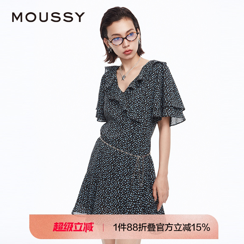 MOUSSY 春季甜美学院风V领荷叶边茶歇裙碎花连衣裙028HS
