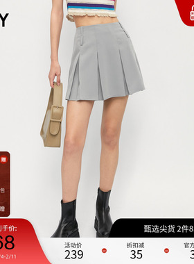 SLY秋季新品学院风双裤袢高腰A字百褶半身裙女038GSU31-5900