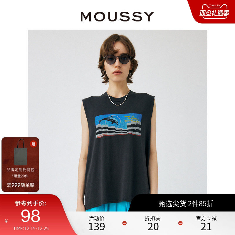 MOUSSY 冬季新品街头机车图案印花无袖T恤上衣010GSQ9
