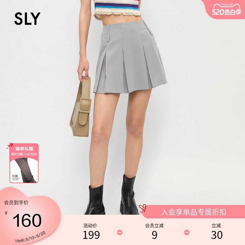 SLY春季学院风双裤袢高腰A字百褶半身裙女038GSU31-59