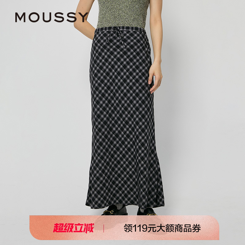 moussy 2024秋季新品复古文艺风经典格纹长款半身裙028HAZ30-0511
