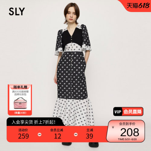 sly复古少女花卉喇叭袖连衣裙