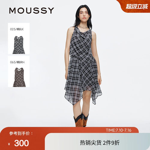 moussy 2025夏季新品格纹荡领露背不规则无袖连衣裙028ISA33-3521