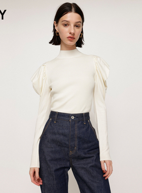 SLY奥莱 春季修身半高领褶皱羊腿袖打底针织衫030FAA70-2100