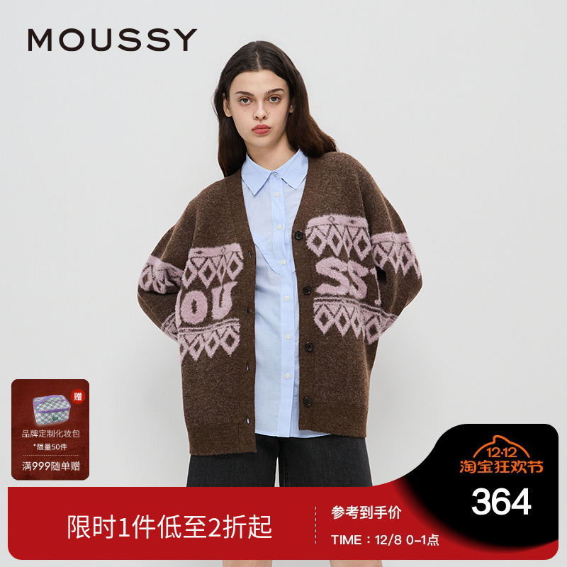 moussy 秋季新品休闲V领格纹LOGO宽松针织开衫028HAZ70-0991