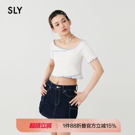 SLY 春季甜美纯欲风打揽花边短袖针织上衣038HSL80-0111