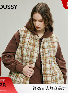 MOUSSY 冬季新品复古格子仿羊羔绒撞色马甲背心IAC-