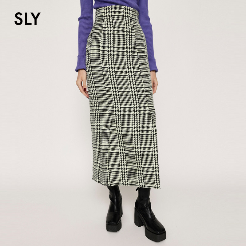 SLY 2023冬季新品千金玛德琳复古格纹开叉半身裙女030FA