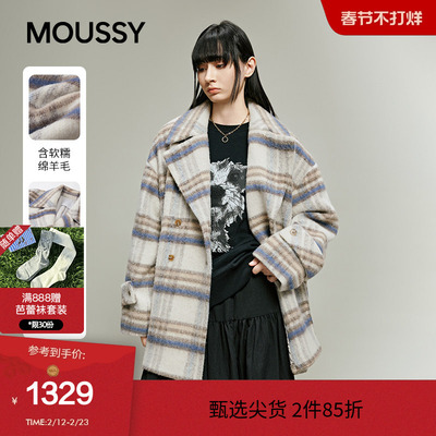 MOUSSY 冬季复古学院风格纹双排扣毛呢大衣028IAA30-0421