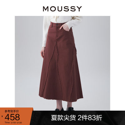 MOUSSY 2023冬季新品复古风高腰毛边长款半身裙女028GSZ30-0100