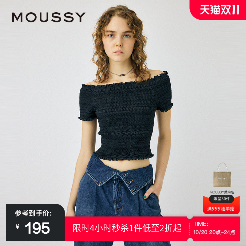 MOUSSY甜美日系荷叶边一字领上衣