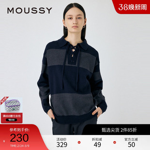 moussy 秋季撞色条纹绑带针织衫慵懒感毛衣010HAA70-8551