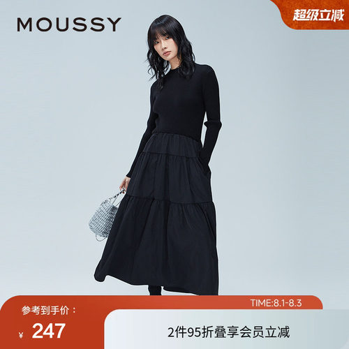 moussy 春季芭蕾风半高领拼接针织连衣裙女028HAA33-3111