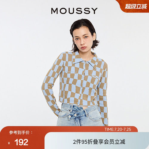 MOUSSY复古日系棋盘格针织开衫