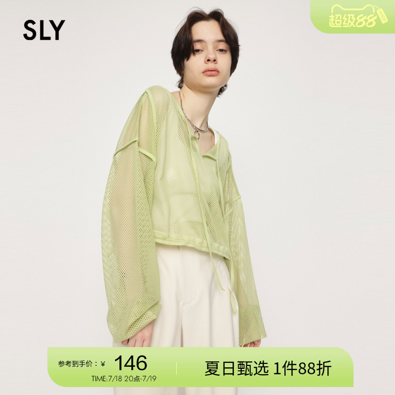 sly半开领薄款罩衫网状镂空上衣