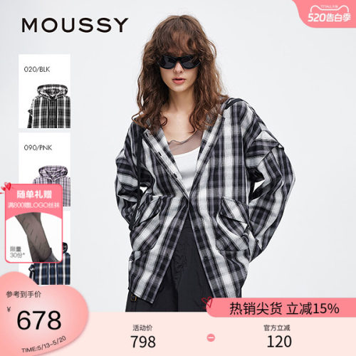 moussy 夏季复古街头撞色格纹连帽长袖衬衫028ISA30-2301