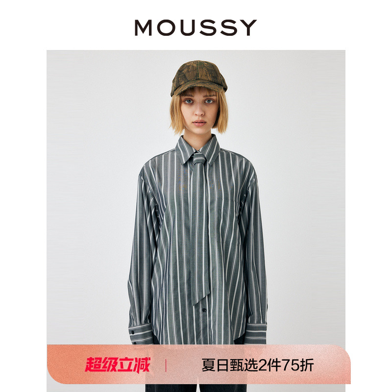 MOUSSY 2023春夏新品非正式学院风领带宽松长袖衬衫010