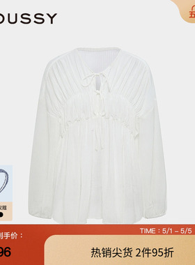 moussy 夏季甜美风抽褶皱系带宽松长袖衬衫028ISA30-1003