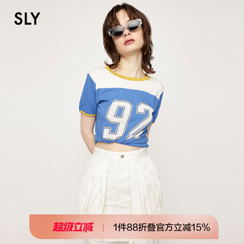 SLY美式复古风撞色运动感字母T恤