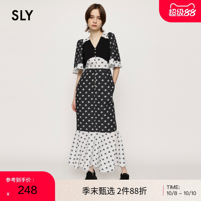 sly复古少女花卉喇叭袖连衣裙
