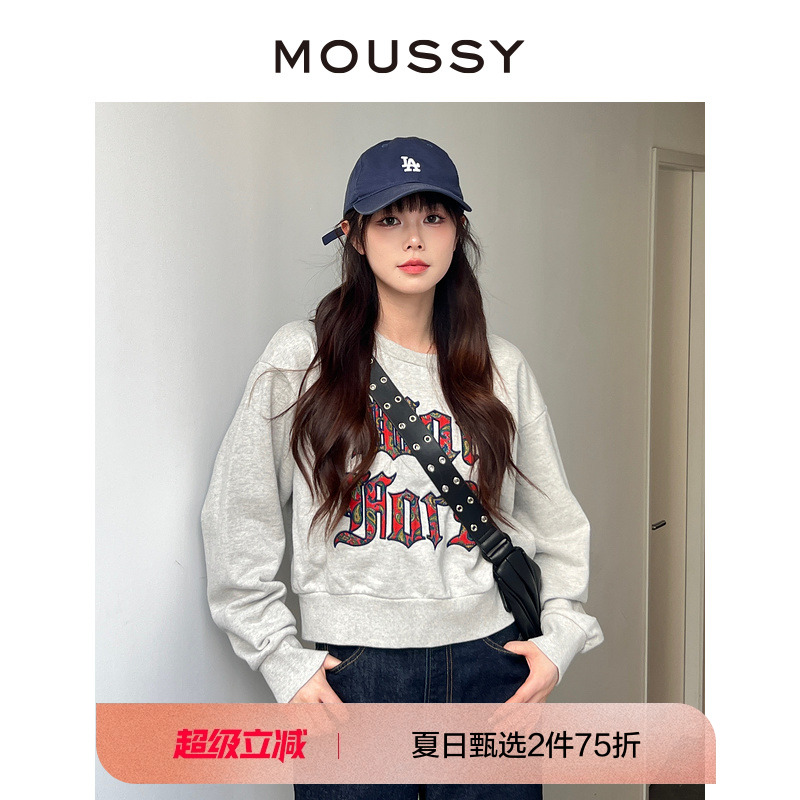 moussy摇滚风字母刺绣套头卫衣