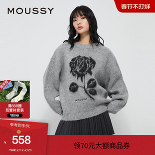 moussy 冬季复古提花玫瑰图圆领针织衫毛衣028HAZ70-1341