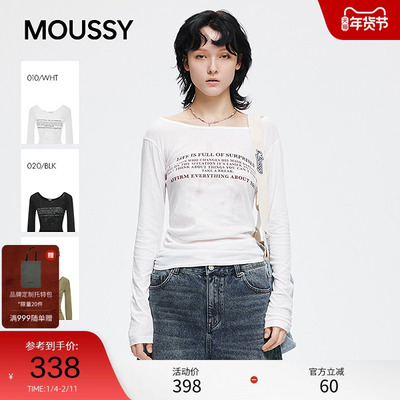 moussy2025早秋新品美式字母印花一字领修身长袖T恤028IAZ90-1071